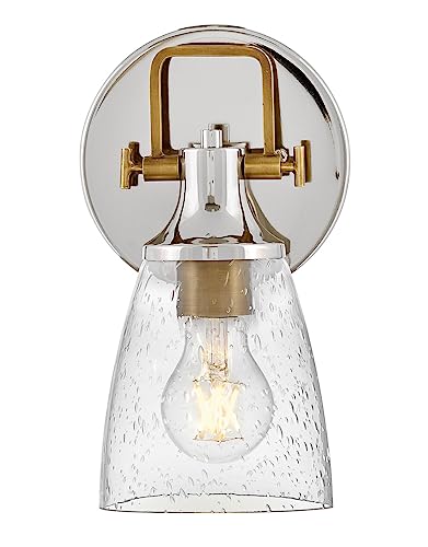 Image of Hinkley Easton 51270PN Single Light Bath Vanity Fixture, Modern Industrial, Clear Seedy Glass Shade, Mounts Up or Down, Polished Nickel and Heritage Brass