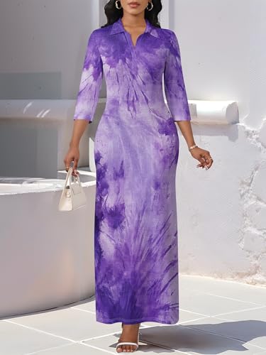 Image of PinkPatty Women's Casual 3 /4 Sleeve Polo V Neck Bodycon Maxi Dress