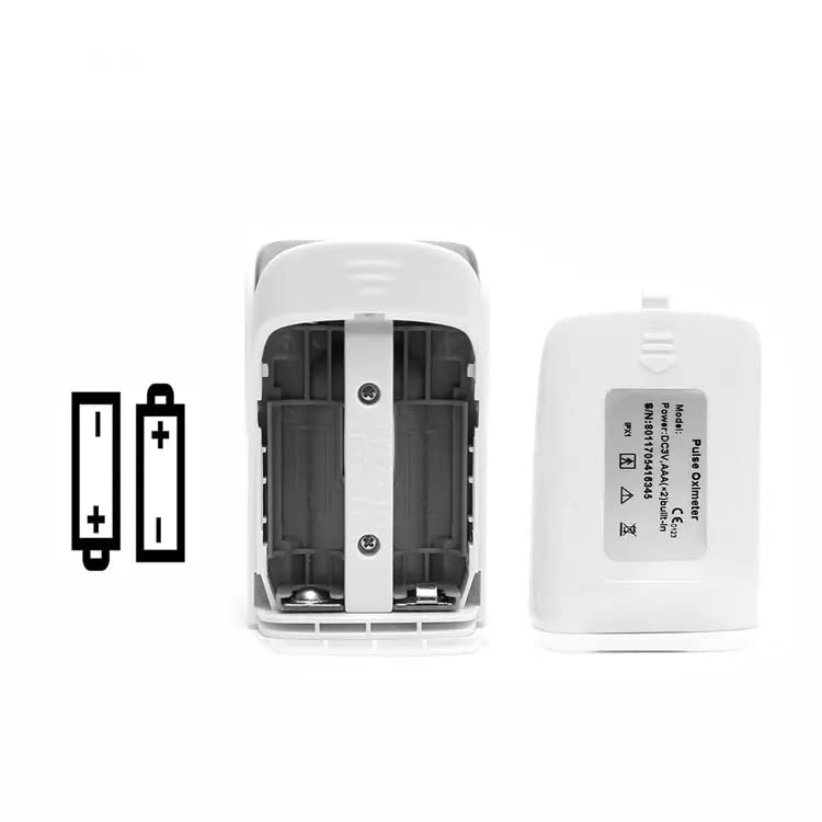Open battery compartment of the YM101 Pulse Oximeter, showing where to insert two AAA batteries
