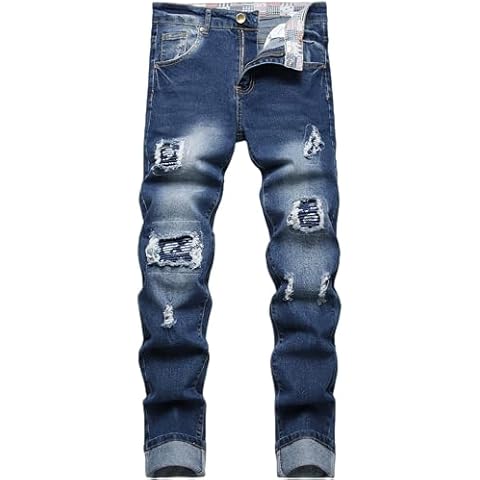 FREDD MARSHALL Men's Cobalt Blue Slim Fit Ripped Distressed Stretch Printed Patched Fashion Denim Jeans Pants,N3714,36 Cover
