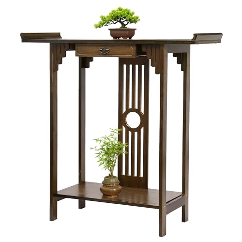 FATIVO Consola Recibidor Vintage, Mesa Consola de Madera Maciza de Diseño Oriental Mueble Recibidor Estrecho con Cajón Mesa Recibidor con 2 Estantes para Salón Entrada Pasillo 53 x 29 x 83cm