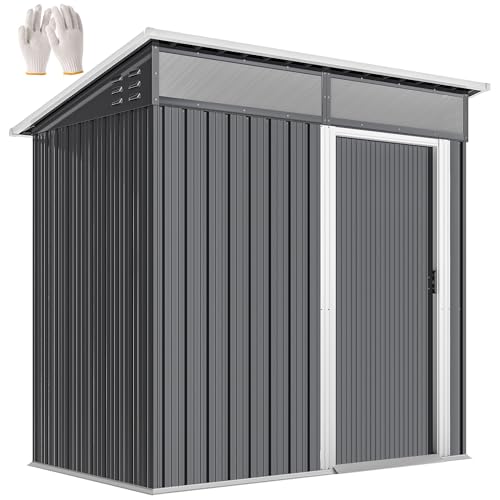 Outsunny Metall Gerätehaus 1,9m² 195x122x182cm Garten Schuppen mit Fenster Fundament Schiebetür Pultdach Haken wetterfest Gartenhaus mit Handschuhe Outdoor Geräteschuppen für Garten Dunkelgrau