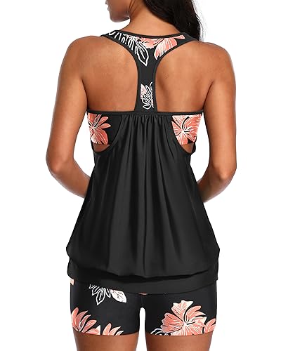 Yonique Two Piece Tankini Bathing Suits T-Back Blouson Swim Tops With Boy Shorts Women Swimsuits Sporty Swimwear Black And Flowers Xxl thumb #3