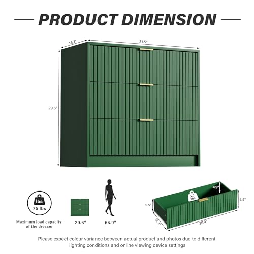 Image of Furniway Green Dresser Bedroom Set 3 Pieces, Nightstands Sets of 2, 5 Drawer Dresser with Gold Handles for Bedroom