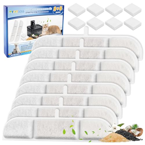 MyfatBOSS Lot de 8 + 8 filtres sans fil pour fontaine à eau DownyPaws DPWFP6, filtre pour fontaine à eau de 2,5 l, filtre de rechange pour chats et chiens