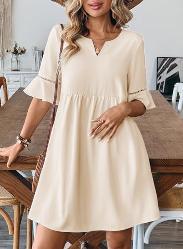 EVALESS Summer Dresses for Women 2026 Casual V Neck Spring Dress Ruffle Short Sleeve Hollow Out Babydoll Mini Dress Cute High Waist A Line Dresses with Pockets Beige Large