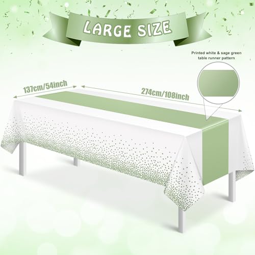 Image of 1Pcs White and Sage Green Tablecloth Decorations,Plastic White Table Cloth Printed Green Table Runner Disposable Rectangle Tables Cover for Birthday Wedding Anniversary Graduation Party,54 x108 Inch