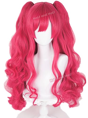 Image of Long Curly Red Pink Anime Ponytail Wig with Bangs Deep Pink Twin Tail Wigs | 31.5'' Pink Cute Pony Lolita Costume Wigs Synthetic Hair for Women Halloween Party Daily