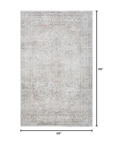 Image of Hauteloom Wentworth Machine Washable Area Rug - Floral Distressed Border Medallion Faded - Traditional Oriental Transitional Vintage Farmhouse - Beige, Slate Blue, Cream, Gray, Light - 5' x 7'6 inch