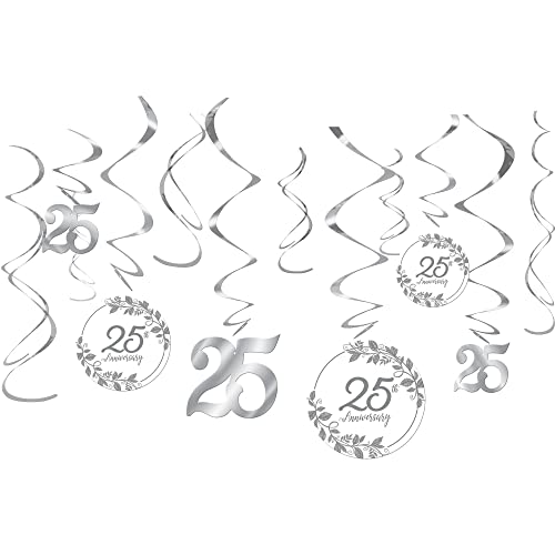 Happy 25th Anniversary Silver Foil Hanging Swirl Decorations (Pack Of 12) - 5 & 7 - Stunning Design - Perfect Table Decoration For Themed Events Parties Special Occasions & More