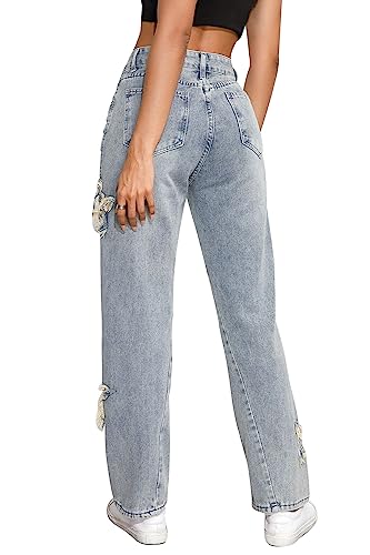 Womens Casual High Waisted Loose Wide Leg Jeans Classic Star Pattern Denim Pants Trousers3