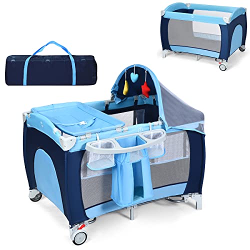 COSTWAY 4 en 1 Lit Parapluie, Parc pour Bébé avec Matelas, Moustiquaire, Entrée Latérale, Sac à Jouets, Table à Langer, Facile à Plier, 0-36 Mois, 120 x 60 x 72 cm (Bleu)
