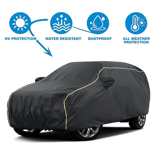 Image of Sulfar 100% Water Resistant Car Body Cover Compatible with Mirror for Toyota Previa (Triple Stitched, Full Bottom Elastic, Dark Grey Taffeta with Yellow Piping)