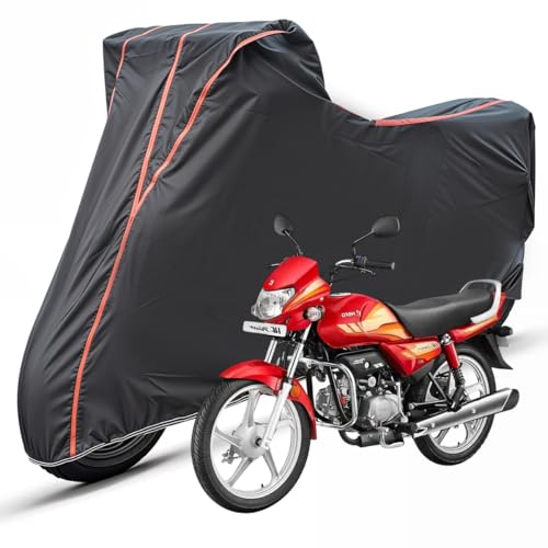 Image of Two Wheelers Bike Body Cover Compatible for Hero HF Deluxe, UV Resistant, Dustproof, Triple Stitched, Elastic Bottom, Red Piping Motorcycle Cover (Black, Pack of 1)