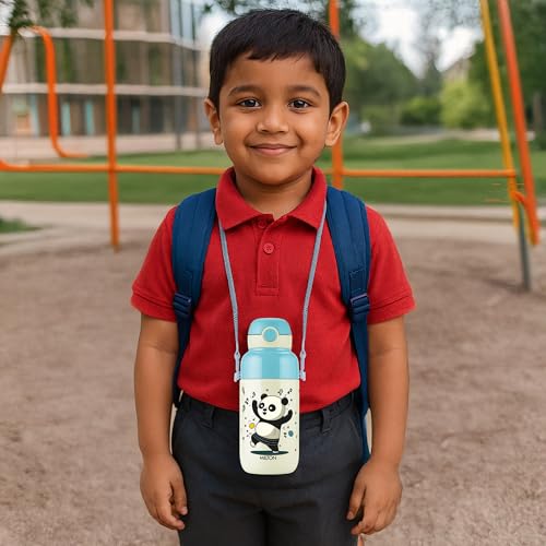 Image of Milton Steel Indus 400 Thermoware PU Insulated, 390 ml Water Bottle with Straw for Kids, Leak Proof Flip Top Sipper Lid Bottle, School, Picnic, Easy to Carry Belt, White