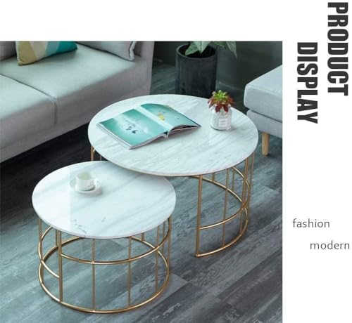 Image of Modern Round Coffee Table Set with Space-Saving Circle End and Side Tables for Living Room Office Balcony or Yard Stylish & Durable Furniture with Sturdy Metal Frame (Gold & White)