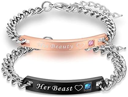 Uloveido Unisex Gold Black Titanium Staineless A Pair of Her Beast His Beauty Cuban Chain Bracelets for Couples, Extended Chain Included SN153 (Beast Beauty Bracelets)