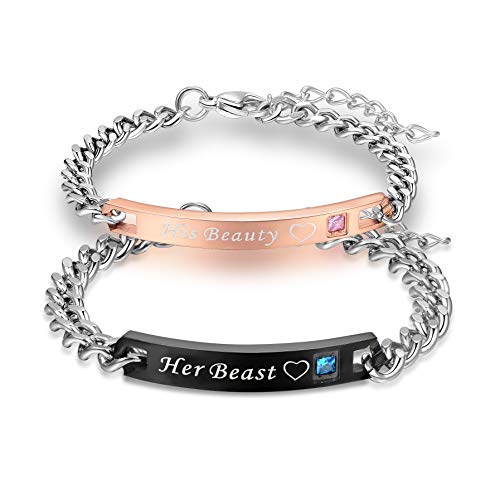 Uloveido His Queen and Her King Black Titanium Necklaces & Bracelet Matching Couple Jewelry Sets for Men and Women with Cubic Zirconia ST118