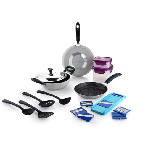 Image of Crystal 11 Pcs Non Stick Cookware Set with Storage Containers | Gas Stove Friendly | Tawa, Fry Pan, Kadhai with Lid, 4 Serving Spoons, 2 Containers & Grater Set | PFOA Free Coating