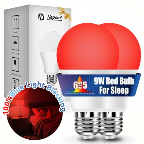 Neporal 625nm Red Light Bulbs for Sleep 100% Blue Light Blocking Bulb for Melatonin Promote A19 LED 9W 60W Red Night Bulb for Baby Nursery Sleep Read Bedroom 2PK (White When Off Red When on)