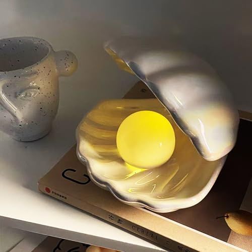 LED Ceramic Shell Pearl Light, Portable Ocean-Inspired Night Light Tabletop Light, Streamer Fairy Shell Night Lamp for Bedside Living Room Home Decoration (White)