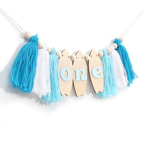 Image of Big One Surf High Chair Banner - Wave 1st Bithday Decorations, Surfing Board Birthday Highchair Banner, Beach First Birthday Tassel Garland