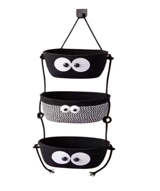 Bizboost Ruge Cotton Rope 3 Tier Hanging Wall Basket, Black, Oval, Bohemian Style, Wall Mounted Storage with Googly Eyes Design-picture-11