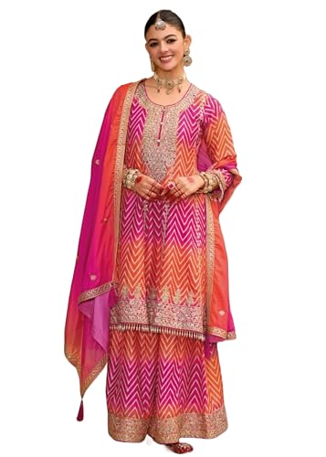 Sharara rose indien Chinon brodé costume taille L pour femme