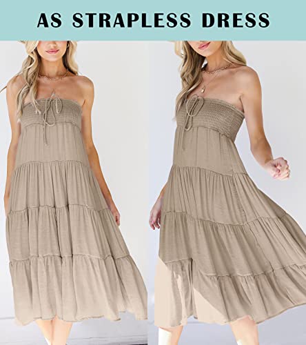 Haeof Women'S Summer Elastic High Waist Boho Maxi Skirt Casual Drawstring A Line Long Skirt Khaki Medium thumb #2