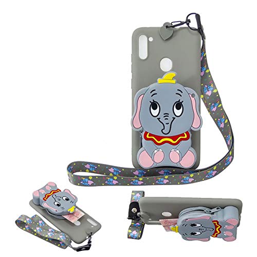 for Samsung Galaxy A21 Silicone Case,Girlyard with 3D Cartoon Animal Zipper Wallet Purse Stand Holder Back Cover and Long Detachable Lanyard Strap Phone Case for Samsung Galaxy A21,Grey Elephant