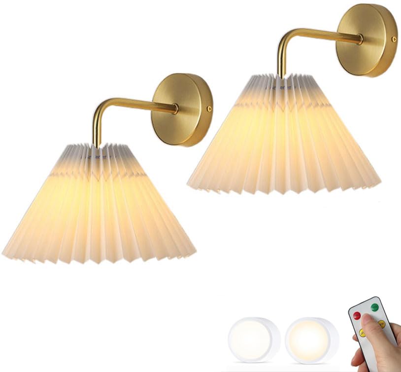 Pack de 2 apliques de pared recargables con pantalla plisada negra y dorada