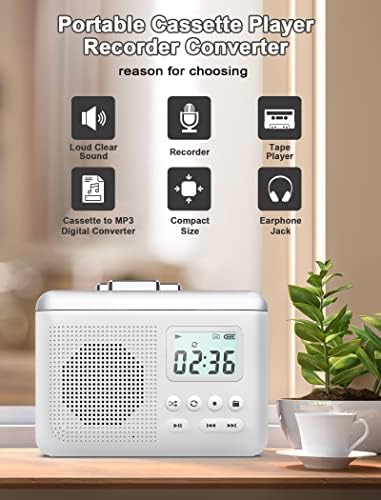 Portable Walkman Cassette Player With 16GB SD Card: Vintage Tape Recorder, Big Speaker, Earphone Jack, Built-in Microphone - White