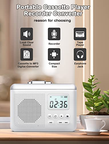 Portable Walkman Cassette Player With 16GB SD Card: Vintage Tape Recorder, Big Speaker, Earphone Jack, Built-in Microphone - White