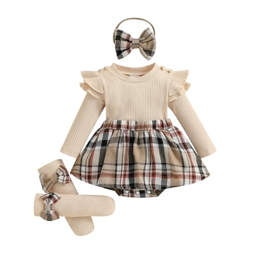 Awwpiely Newborn Baby Girl Holiday Outfit Long Sleeve Plaid Skirt Romper Dress Headband Socks Set Fashion Fall Winter Clothes (Khaki, 6-12 Months)