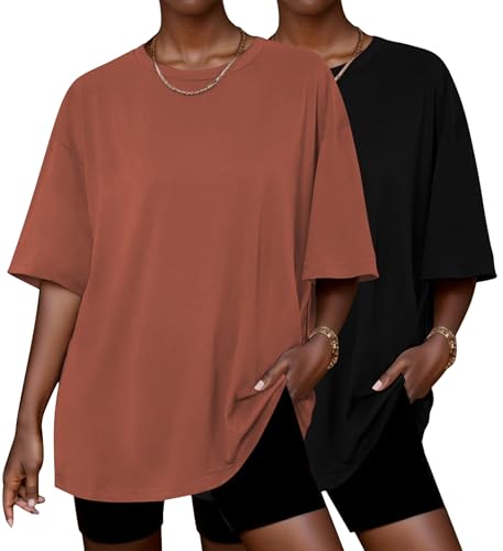 Image of Ekouaer 2 Pack Womens Tops Short Sleeve Oversized T Shirts Summer Spring Tops 2025 Basic Casual Tee Top S-XXL