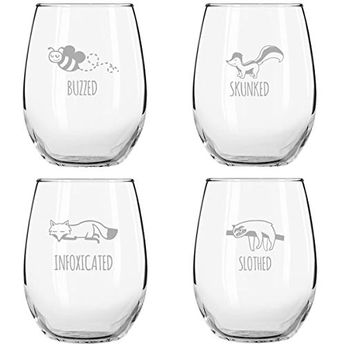 Funny Stemless Wine Glass Set | Animal Pack Set of 4 Glasses | Buzzed, Infoxicated, Skunked and Slothed | Novelty Glasses with Cute Sayings for Women, Her | Quality Made in USA - Thumbnail 4