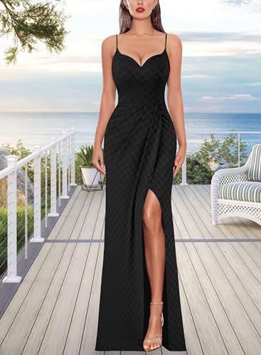 Image of VFSHOW Womens Sexy Formal Ruched Fitted High Slit Bodycon Maxi Dress Spaghetti Strap Sweetheart Cocktail Prom Evening Gown