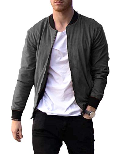Makkrom Mens Slim Fit Suede Bomber Jackets Lightweight Full Zip Varsity Baseball Jacket Sports Outwear Dark Grey