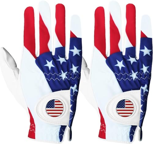 Golf Gloves Men Right Handed Golfer Left Hand with Ball Marker 2 Pack Leather Breathable Comfortable Weathersof Grip Size Small Medium ML Large XL (White&USA Flag, X/Large(Worn on Right Hand))