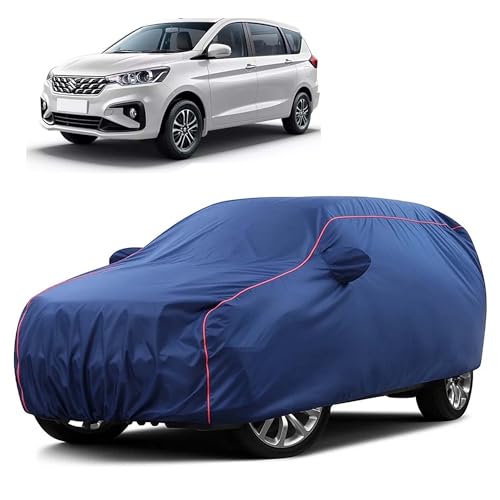 Image of Sulfar 100% Water Resistant Car Body Cover Compatible with Mirror for Maruti Suzuki Ertiga (Triple Stitched, Full Bottom Elastic, Blue Taffeta with Red Piping)