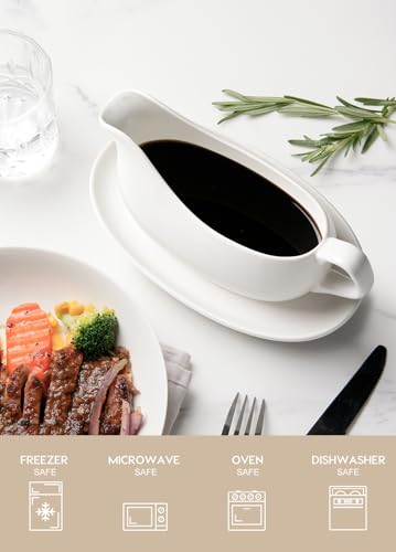 Gurygo 17oz Large White Ceramic Gravy Boat with Tray - Porcelain Gravy Boat with Large Pour and Fewer Drips - Ceramic Sauce Boat for Gravy, Salad Dressings, Microwave & Freezer Safe