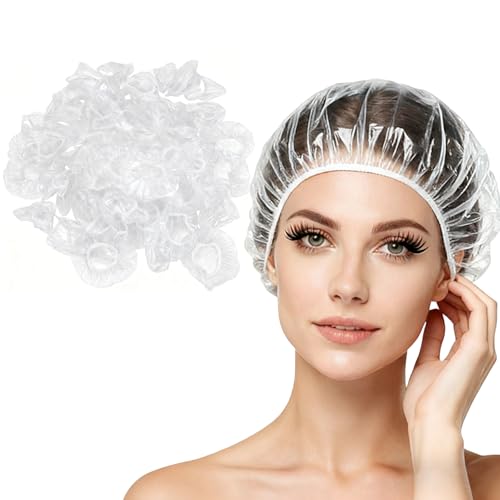 50PCS Disposable Shower Caps,Plastic Clear Hair Cap Large Thick Waterproof Bath Shower Cap for Women Hotel Travel Deep Conditioning Hair Care Cleaning Supplies