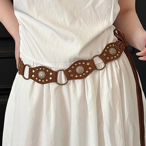 Women All-Match Western Rivet Chain Wide Hollow Disc Leather Vintage Soft Pu Belts2