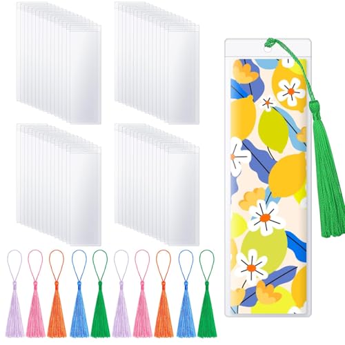 HAPY SHOP 50 Pieces Bookmark Sleeves with 50 Pieces Bookmarks Tassels 7.22.3 Inches Plastic Bookmark Sleeves for Bookmarks Photos Markers