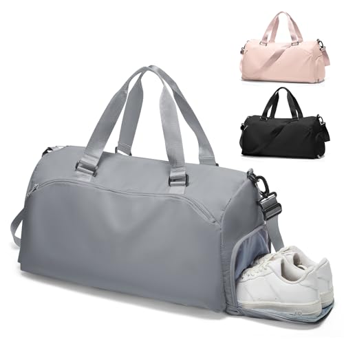 Image of Gym Bag for Women with Shoe Compartment Lightweight Travel Duffle Bags Carry on Bag Overnight Weekender Duffel Bag with Wet Pocket Personal Item Travel Bag Tote Bag Workout Dance Bag Grey