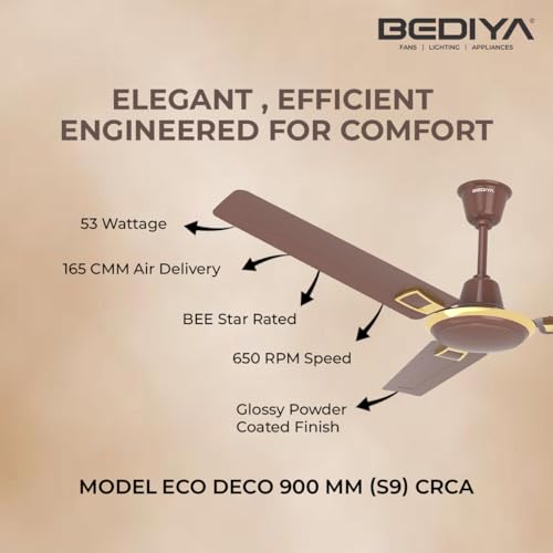 Image of Marut Pro Plus Eco Deco 36'' Ceiling Fan 900mm | 52W Copper Motor | High Air Delivery 165 CMM | 650 RPM Speed | Glossy Finish | 2-Year Warranty | BEE Star Rated | Choco Brown