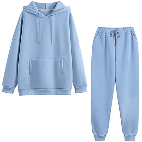Women Tracksuits Casual Hoodie 2 Pieces Set Autumn Solid Oversized Sweatshirt Set Long Sleeves Fleece Tops and Pants Loungewear Joggers Set (Blue Set,3XL) Cover