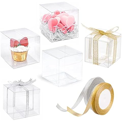 MUAEEOK 50PCS 5x5x5cm Clear Cube Wedding Favour Boxes with Gift Ribbon Party Favor Boxes PET Transparent Cube Gift Boxes for Jewelry Storage Display, Valentine, Candy, Chocolate (5x5x5cm-50pcs) Cover