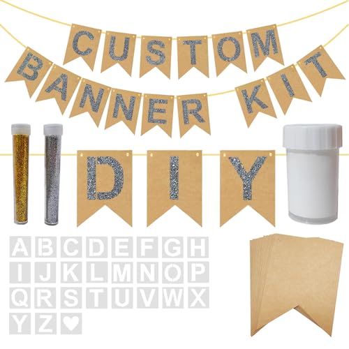 DIY Blank Banners Custom Kit Happy Birthday Customized Banner Make Your Own Party Banner with 26 Letters Stencil Personalized Banners Customize for Happy Birthday,Wedding,Baby Shower