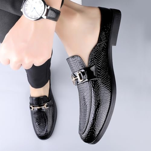 Men's Patent Leather Slip-On Dress Mules Slippers Fashion Printing Comfort Round Toe Low Heel Open Backless Casual Clogs Loafers with Metal Buckle Decoration4